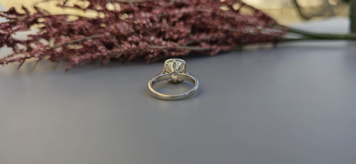 Elongated Old Mine Cushion Cut Bezel set Moissanite Engagement Ring, Tulip Flower basket Vintage Ring