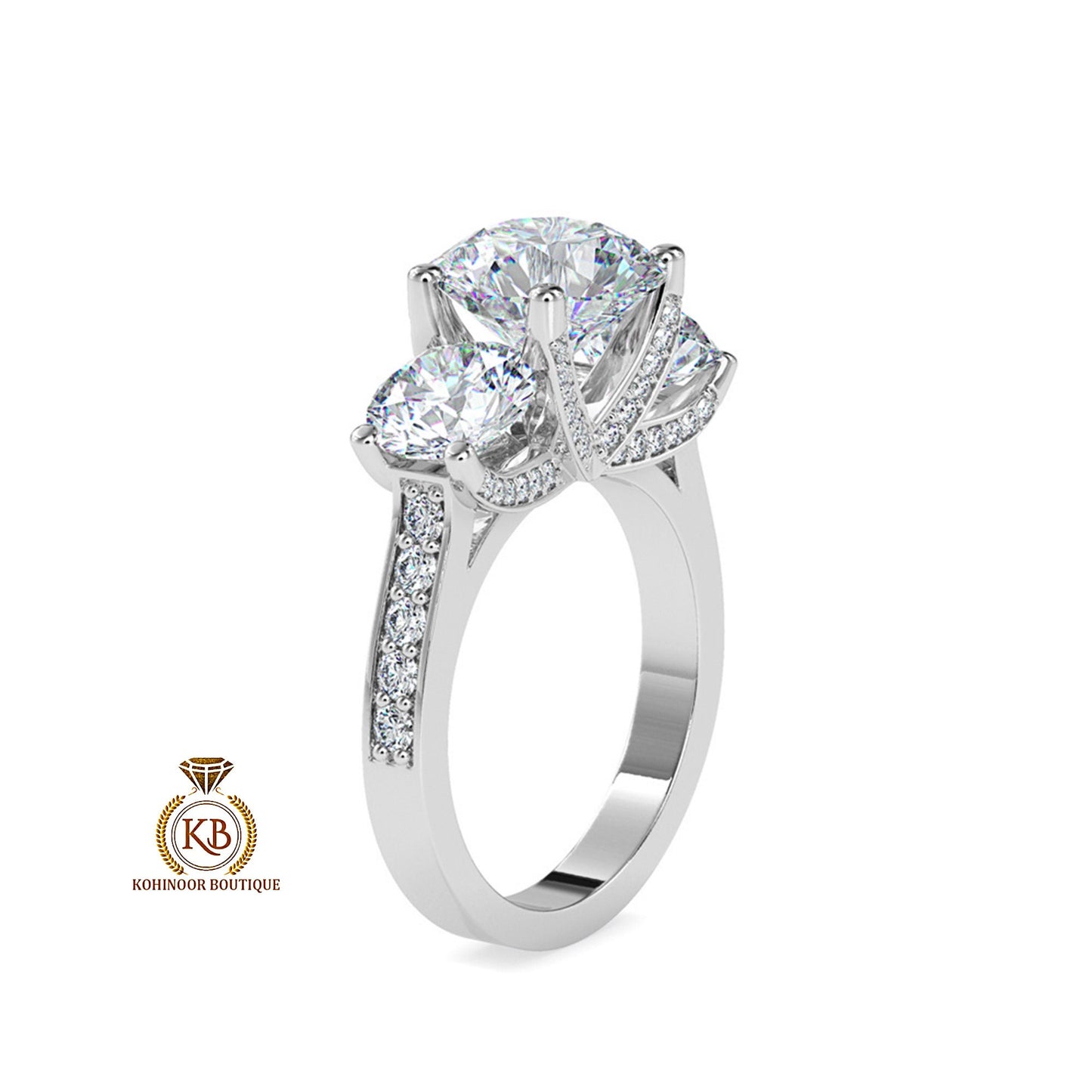 Round Cut 3 stone trellis set with side and front pave Moissanite Engagement ring, ring for women, high profile cathedral set ring