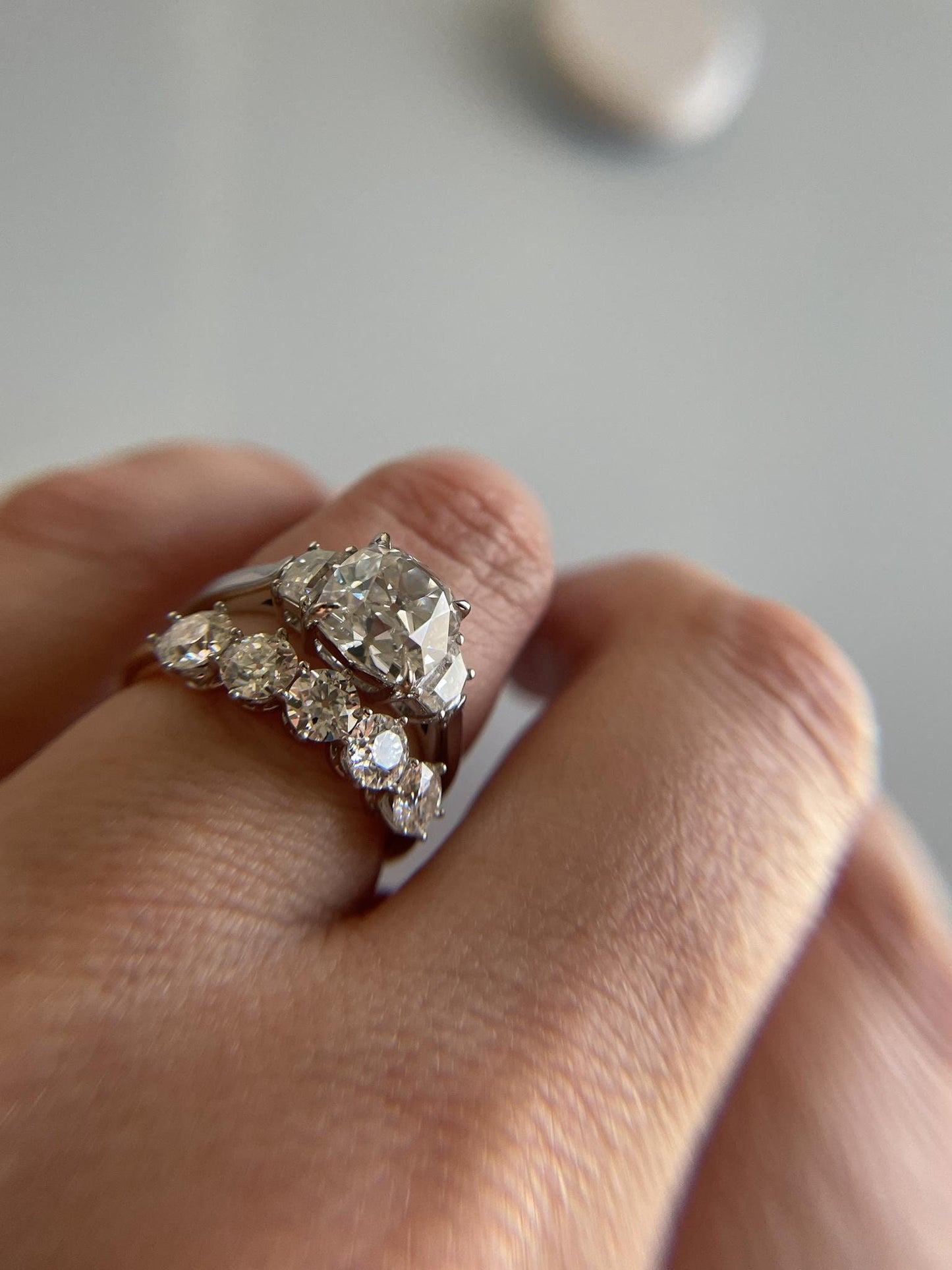 Old mine cut OMC Cushion and Cadillac cut 3 stone Moissanite Engagement Ring, Wedding anniversary gift for wife