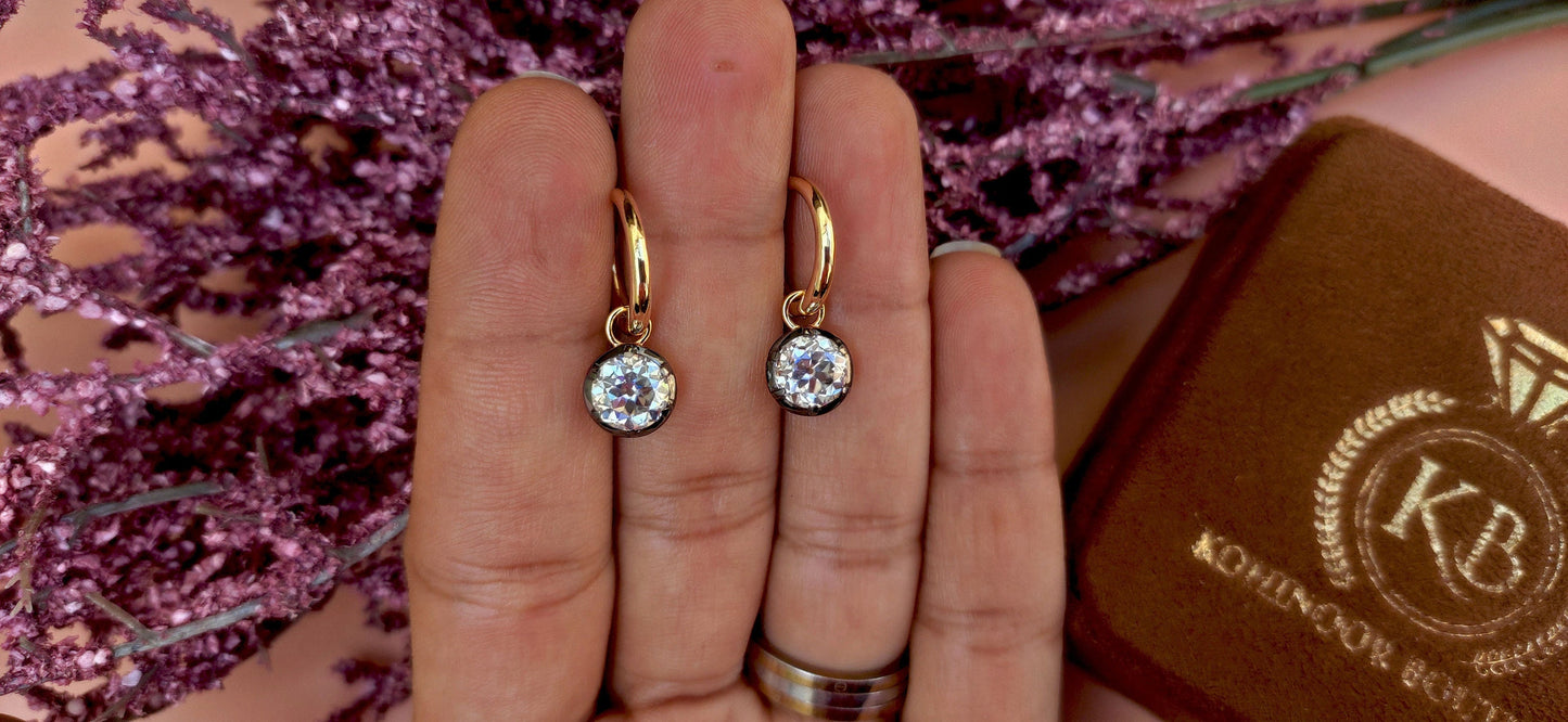 Old European Cut OEC Round Moissanite button back Georgian cut down Gypset, statement earring, blackened gold earrings.