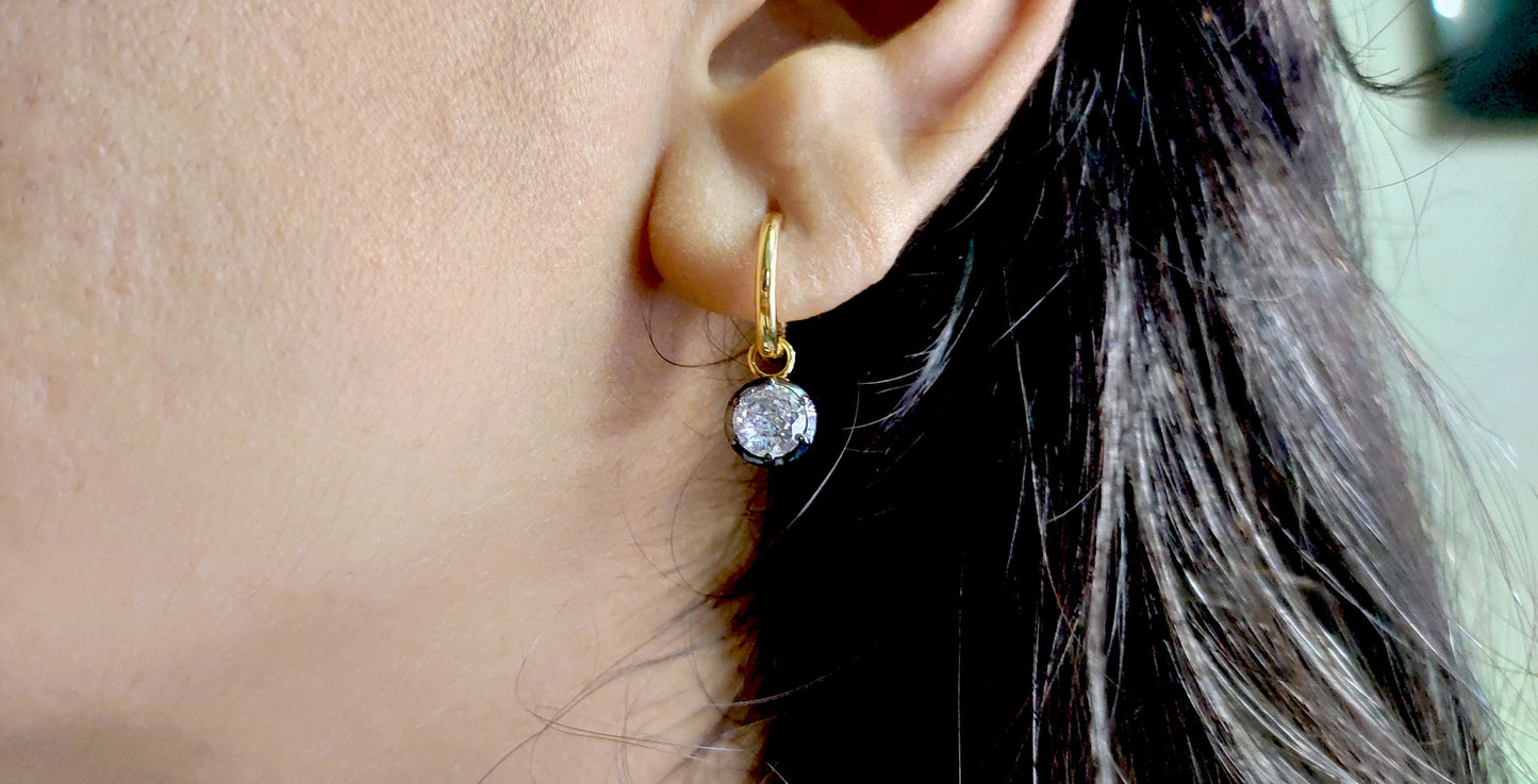 Round CZ Cubic Zirconia button back Georgian cut down Gypset huggie, removable hoops, statement earring, blackened gold earrings.