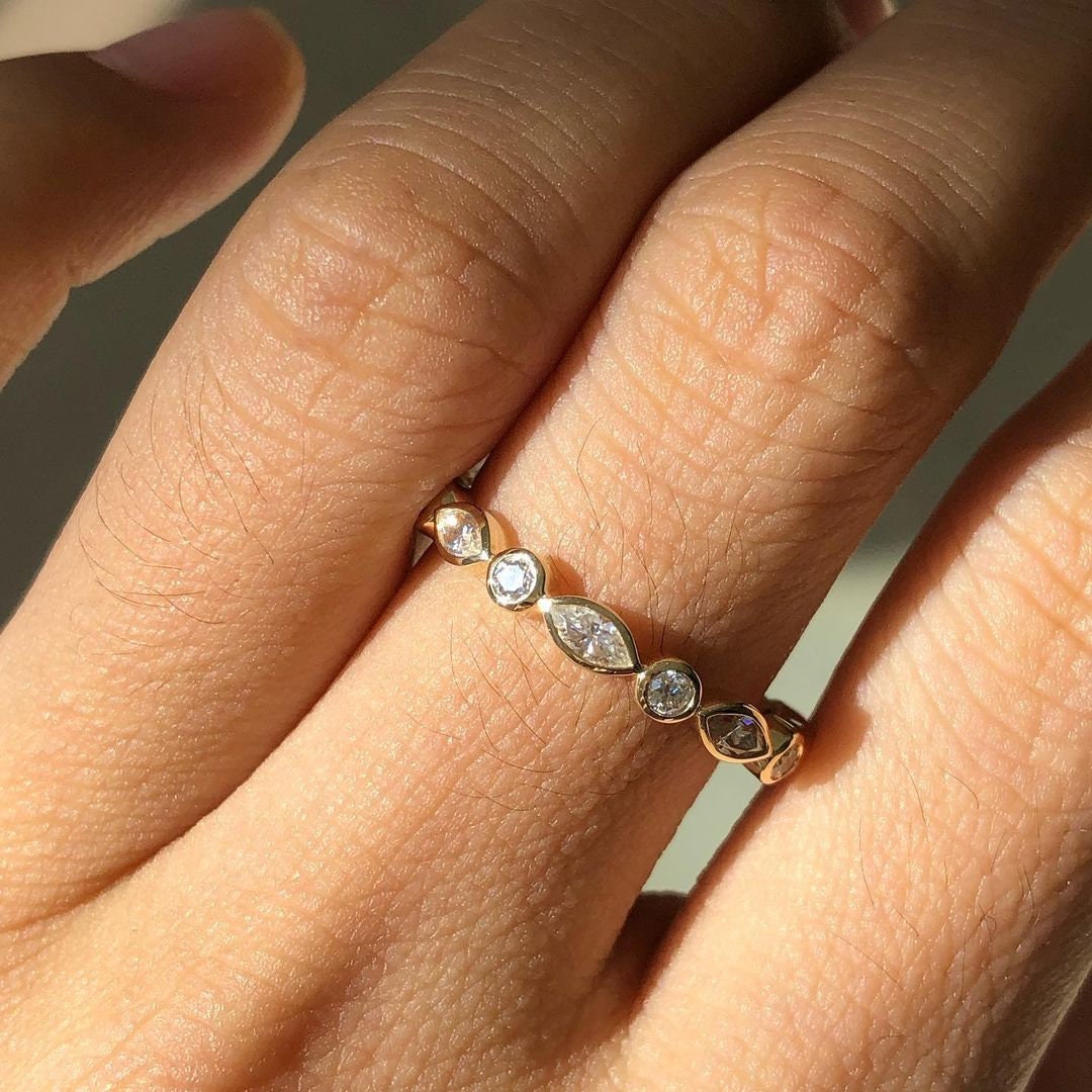 Marquise and Round Bezel Set Moissanite wedding band, stackable minimalist ring, Full Eternity Ring, wedding gift, anniversary gift for wife