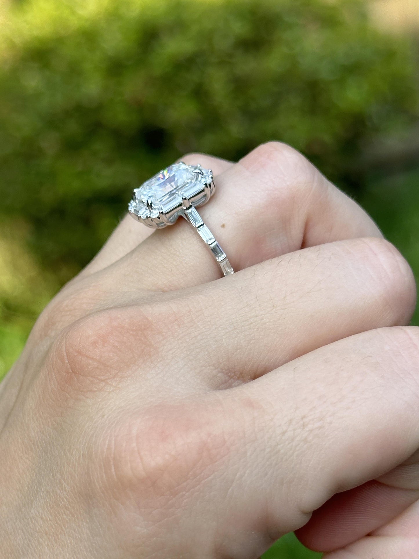 Radiant Cut Moissanite with Baguette Halo and baguette pave band Engagement Ring, ring for women, ring for her, right hand ring