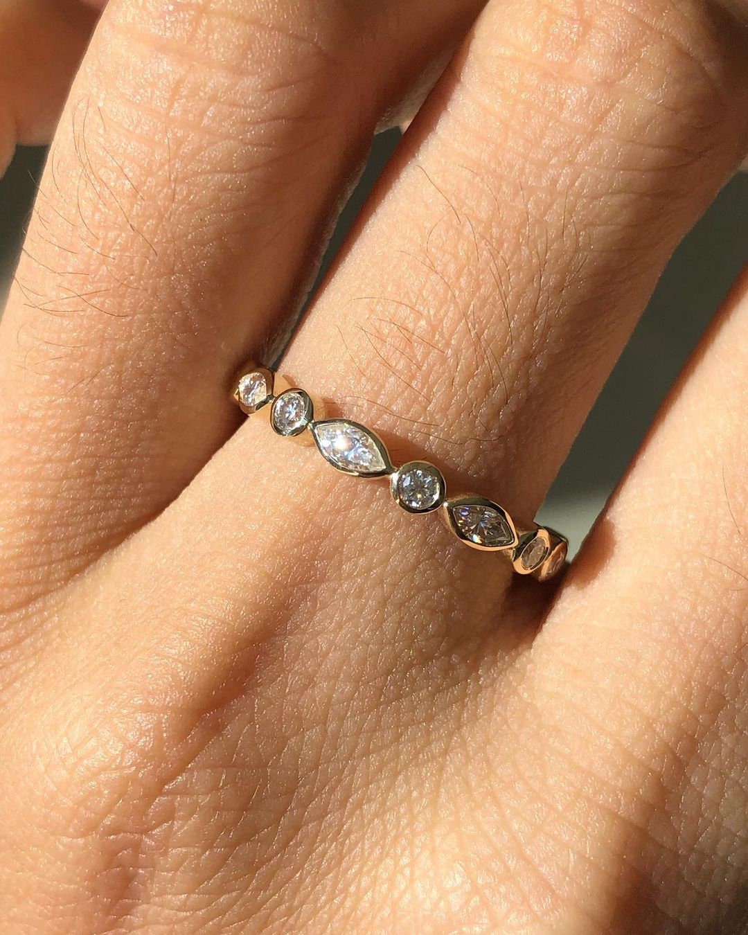 Marquise and Round Bezel Set Moissanite wedding band, stackable minimalist ring, Full Eternity Ring, wedding gift, anniversary gift for wife