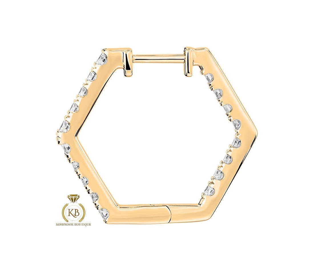 Pave Moissanite Inside Out Hexagon Hoops Geometric Huggie available in Silver, 18k\14k\10k White\Yellow\Rose Gold and Platinum