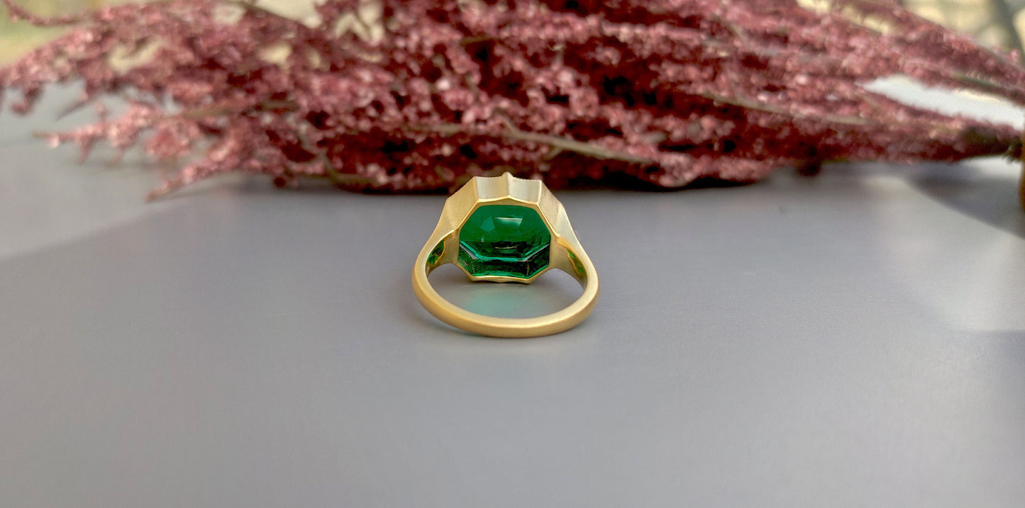 Lab Emerald Georgian cut down Compass prongs set Knife edge Signet Solitaire ring in matt\Glossy finish, Ring for her\Women