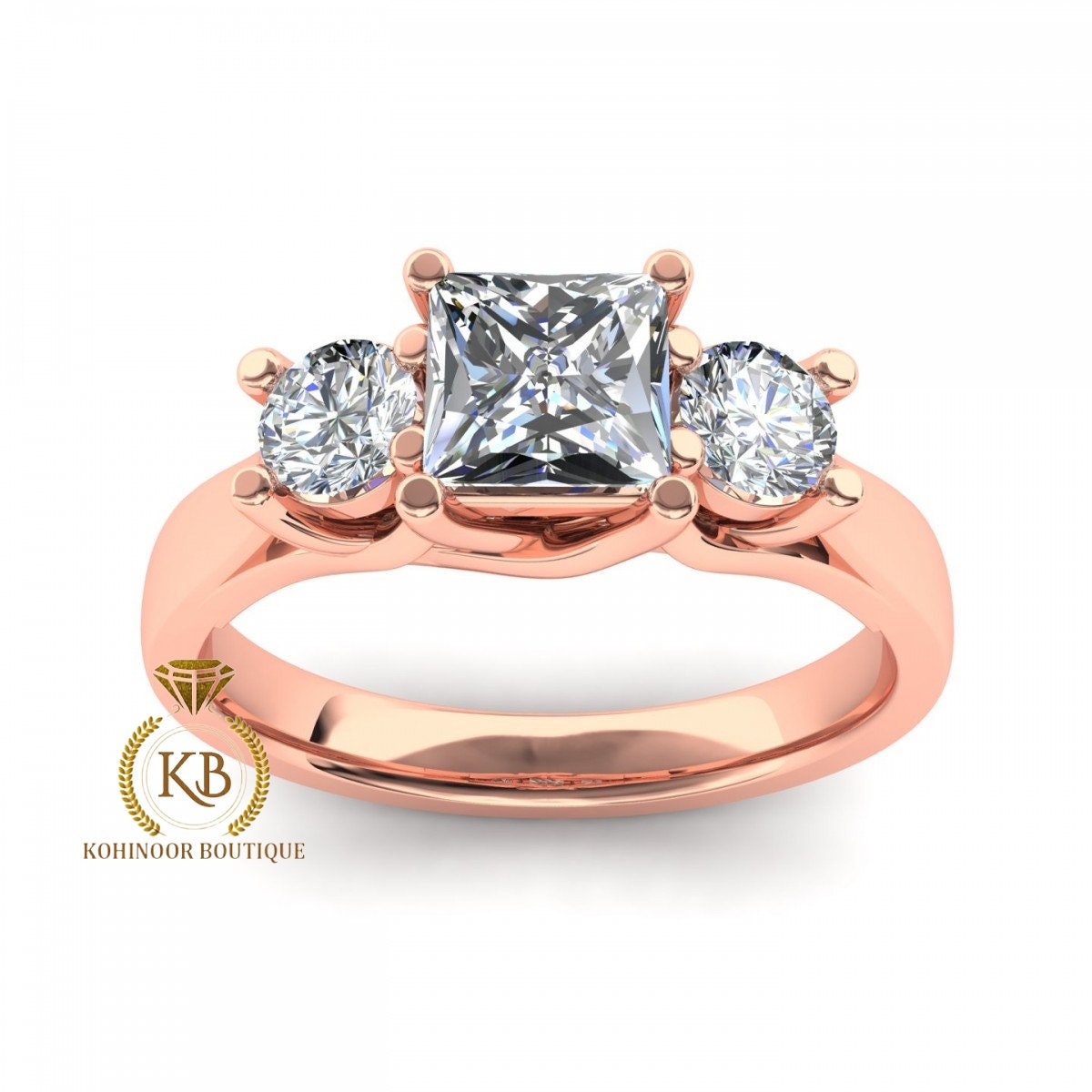 Trellis Set Princess cut and Round Moissanite Trilogy 3 stone engagement ring in 10k\14k\18k White\Rose\Yellow Gold