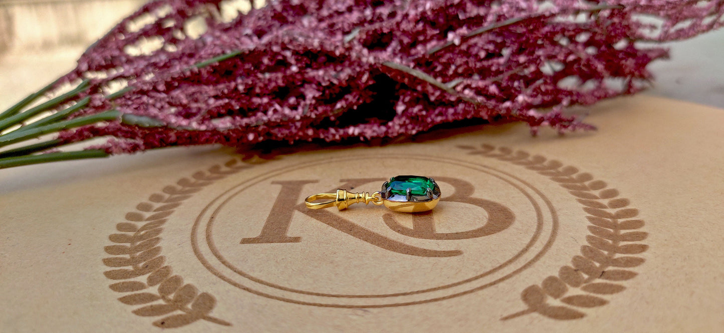 Elongated Old mine cut Cushion Cut Columbian Lab Emerald Pendant,Collet set Georgian cut down set Pendant, Wedding Pendant, Anniversary Gift