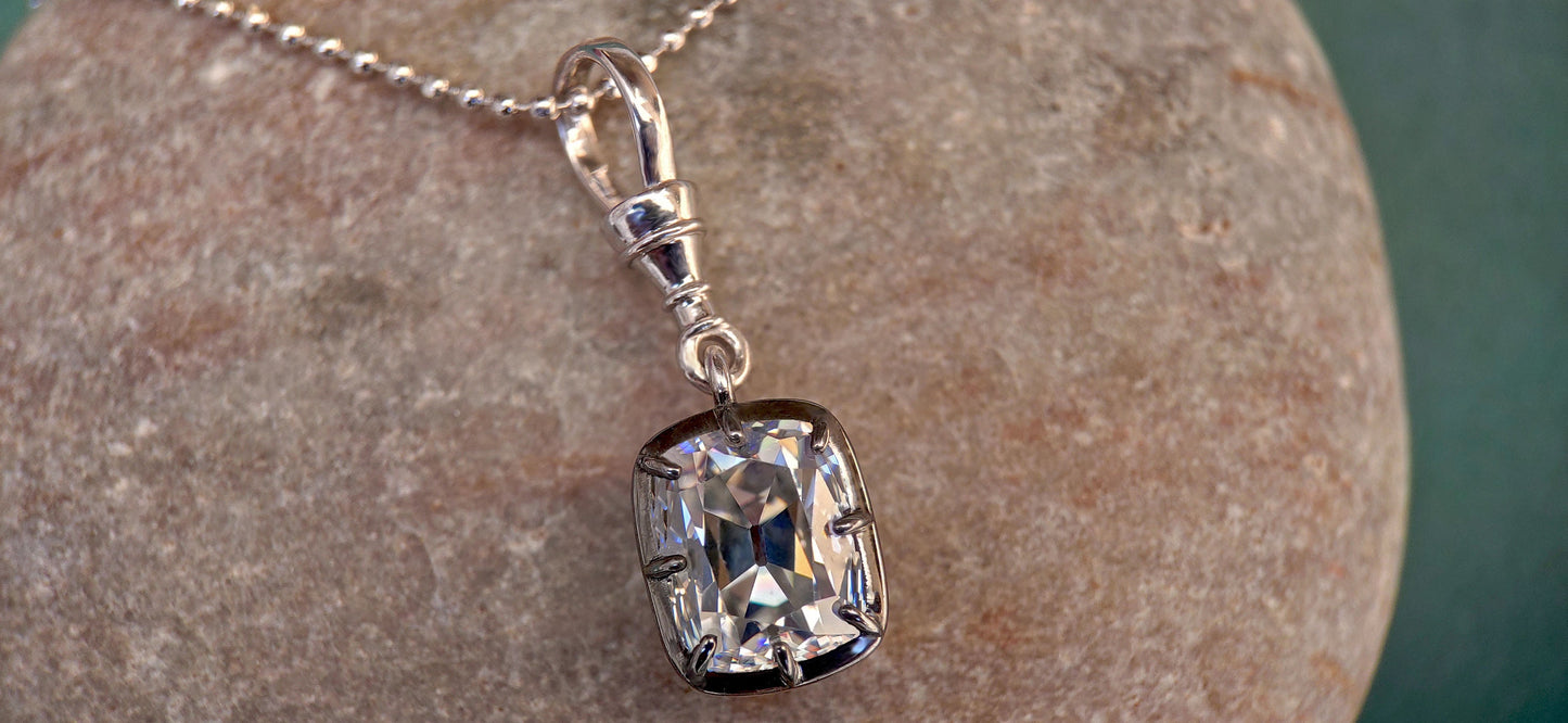 Elongated Old Mine Cut Cushion Cut Moissanite Pendant, Collet set Georgian cut down set Pendant without chain, Wedding Pendant