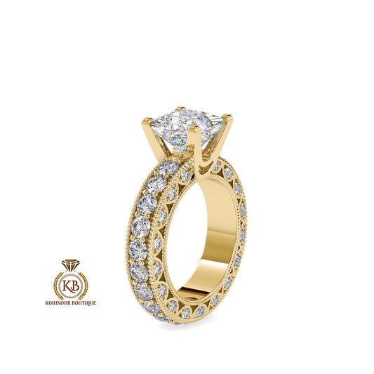 Vintage Princess Cut Moissanite Solitaire Engagement ring with side scallop 3 side pave Band, milgrain detail on band, art deco ring