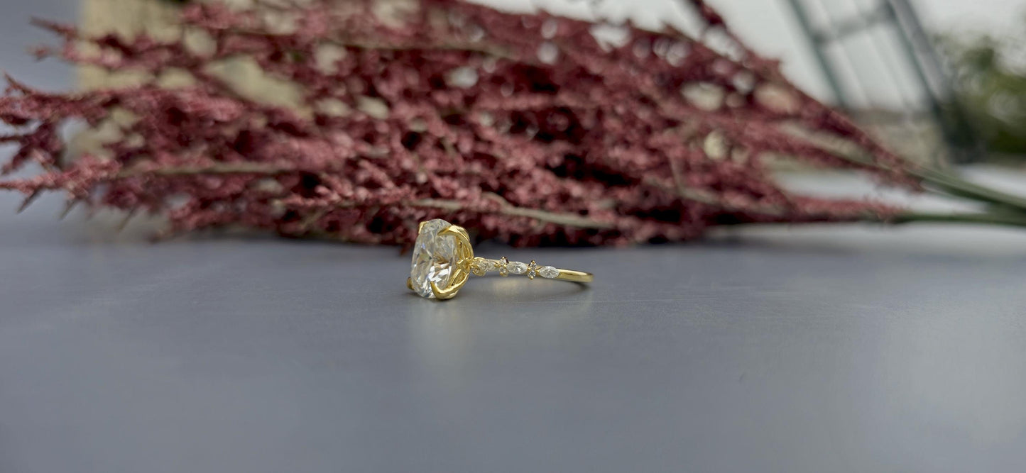 Elongated Cushion Cut Moissanite Tulip basket set with side marquise pave on band Engagement Ring, Proposal ring, ring gift for her