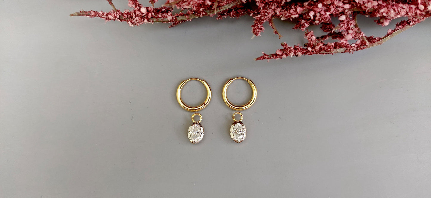 Oval Moissanite button back Georgian cut down Gypset huggie, removable hoops, statement earring, blackened gold earrings.