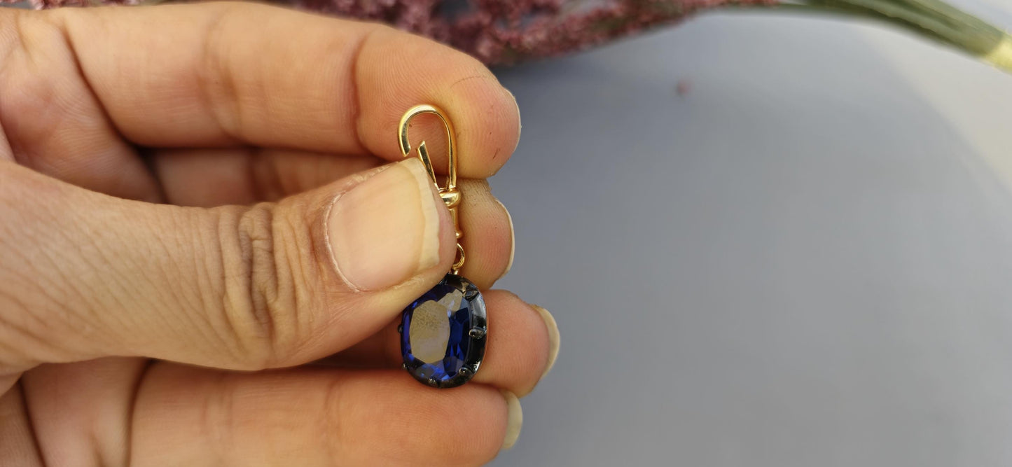 Elongated Cushion Cut Lab Blue Sapphire Pendant, Collet set Georgian cut down set Pendant without chain, Wedding Pendant
