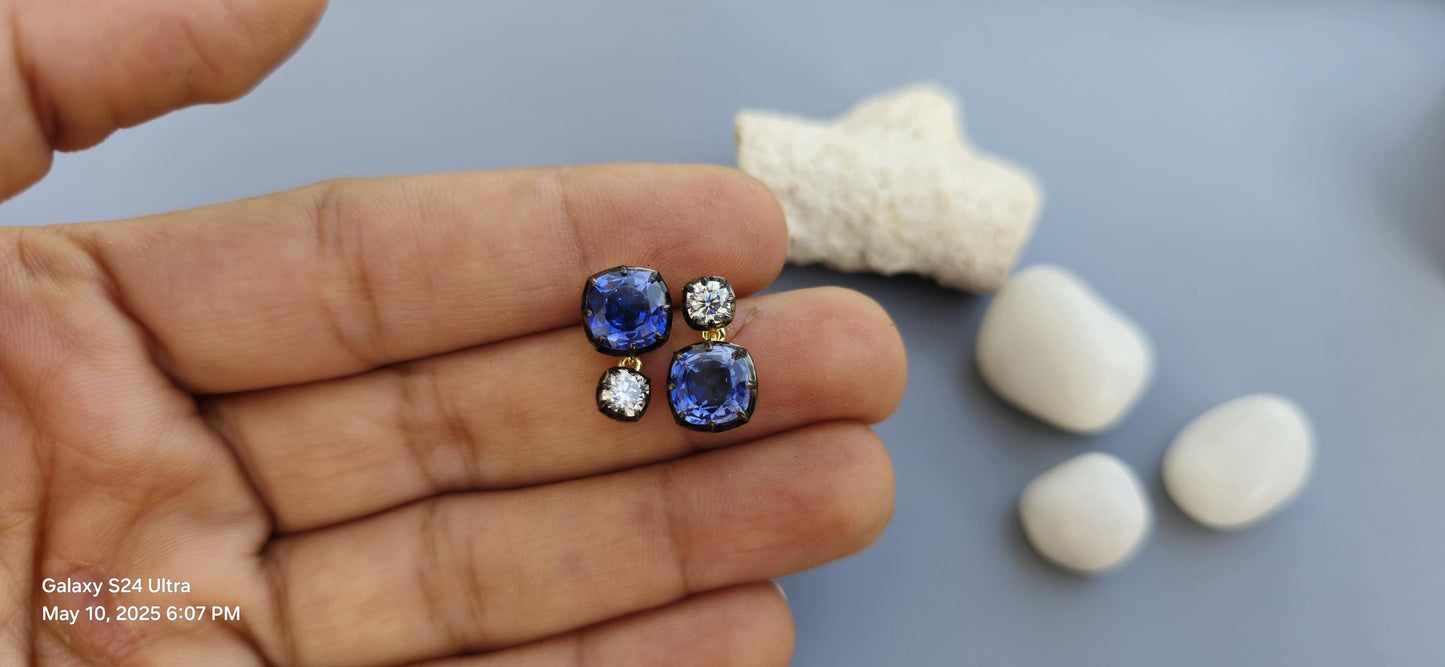 Georgian cut down button back set cushion moissanite and lab grown sapphire earrings, Asymmetrical earrings