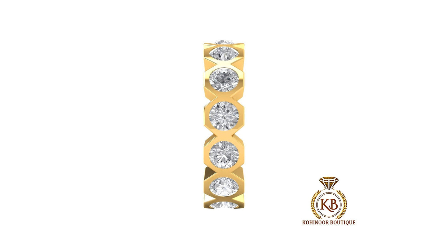 Half\Full Eternity, Hexagonal set Round Moissanite bold statement Ring, Wedding Band in 18k\14k\10k and White\Yellow\Rose Gold