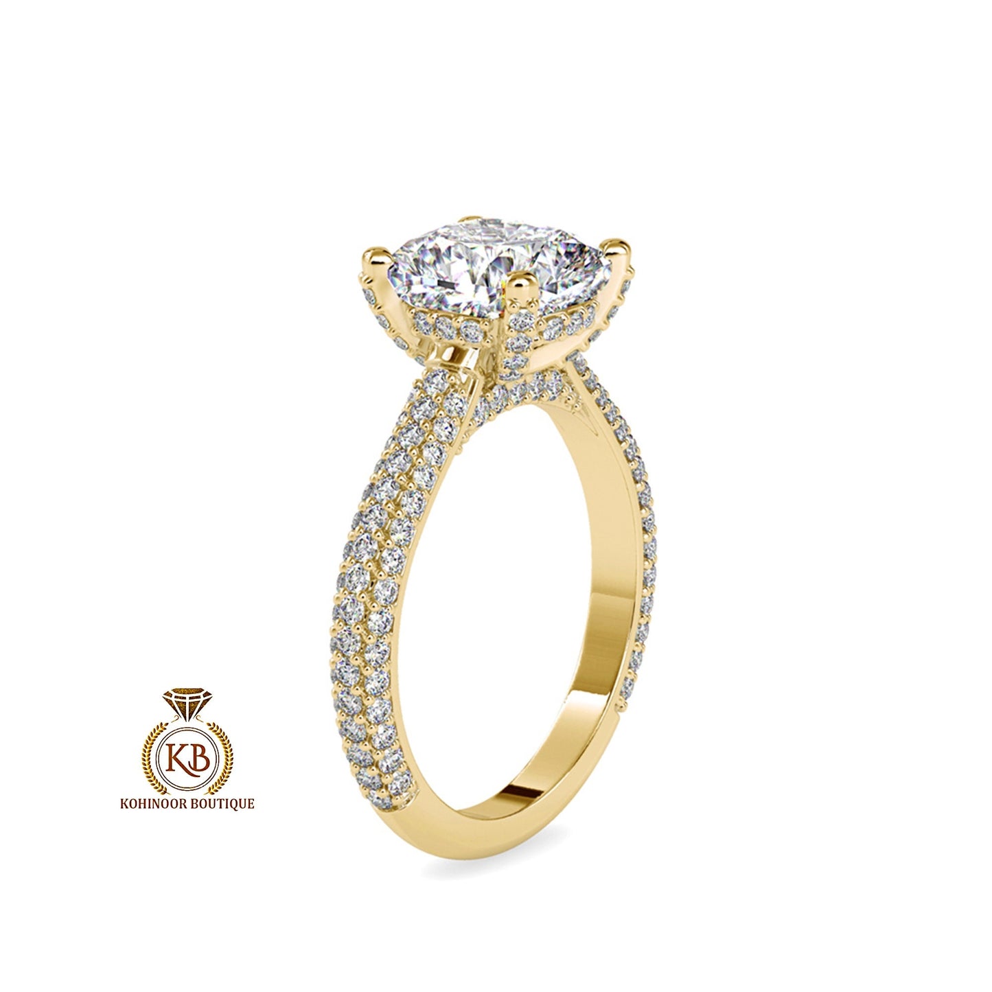 Cathedral Set Cushion Cut Moissanite with Pave Basket ,Under Halo and 3 side pave band Engagement ring, ring for women,High profile set ring