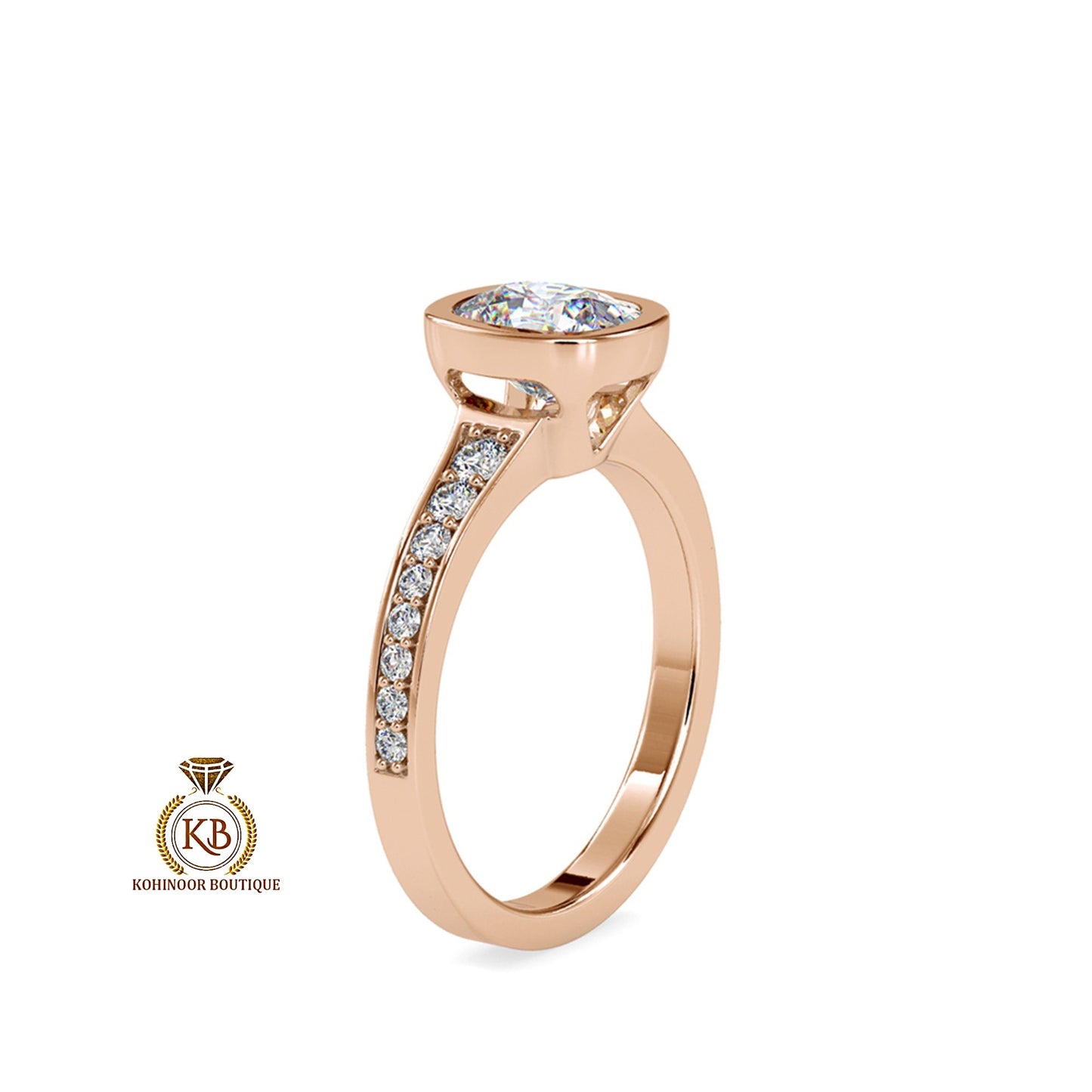 Elongated Cushion Cut Bezel Set Classic Solitaire with open gallery and side pave Moissanite Engagement ring. Ring for her, ring for women.