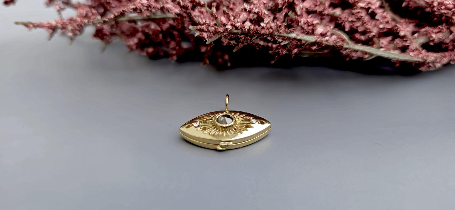 Evil eye pendant, Salt and pepper with lab grown diamond Third Eye talisman charm locket, anniversary birthday gift pendant for women, wife