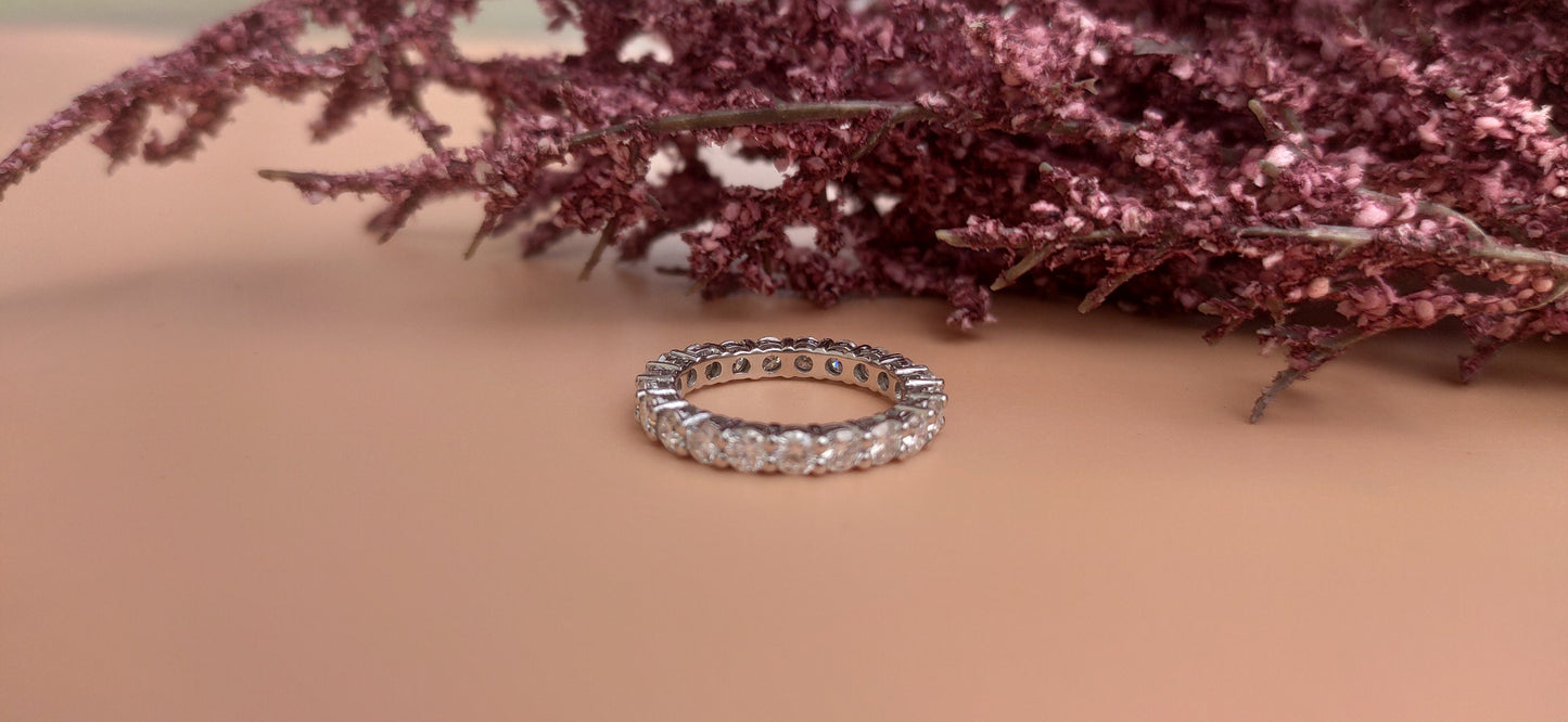 Ready to ship 3 mm Classic Round Cut Moissanite eternity band in silver Size US 6