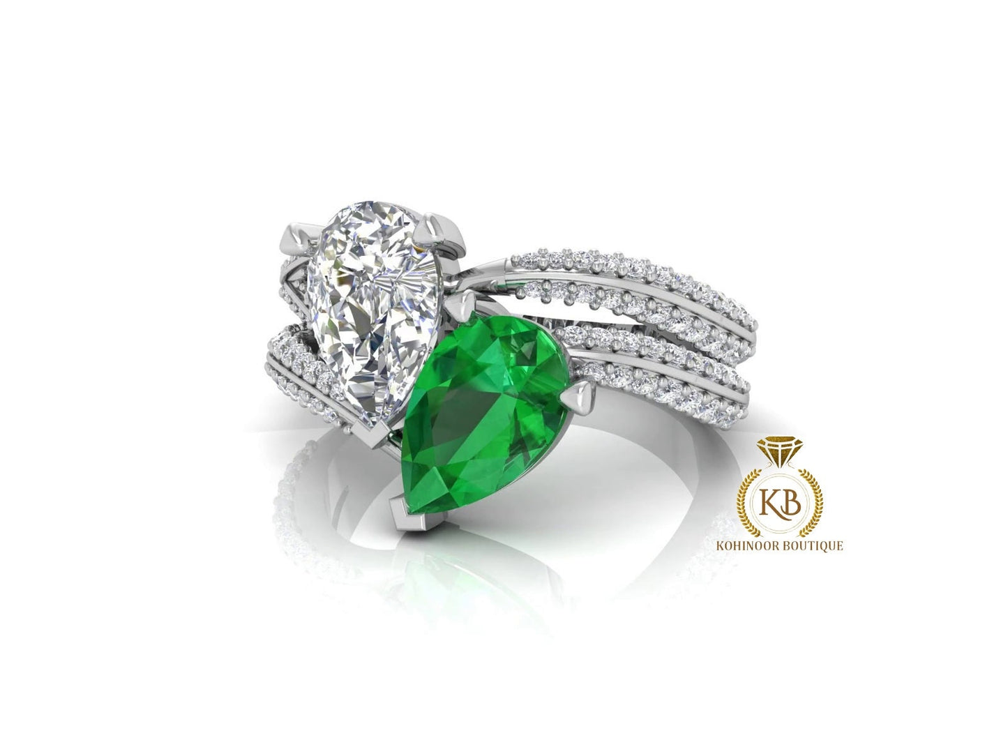 Pear Moissanite & Emerald Toi Et Moi moissanite two stone Engagement Ring, wedding\proposal Ring, gift for her,