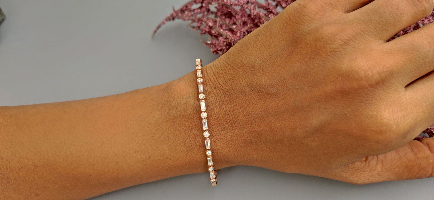 Flexible Moissanite Baguette & Round Tennis Bracelet bangle, Bracelet for women, Bracelet for her\girls, Anniversary\Birthday\Christmas gift