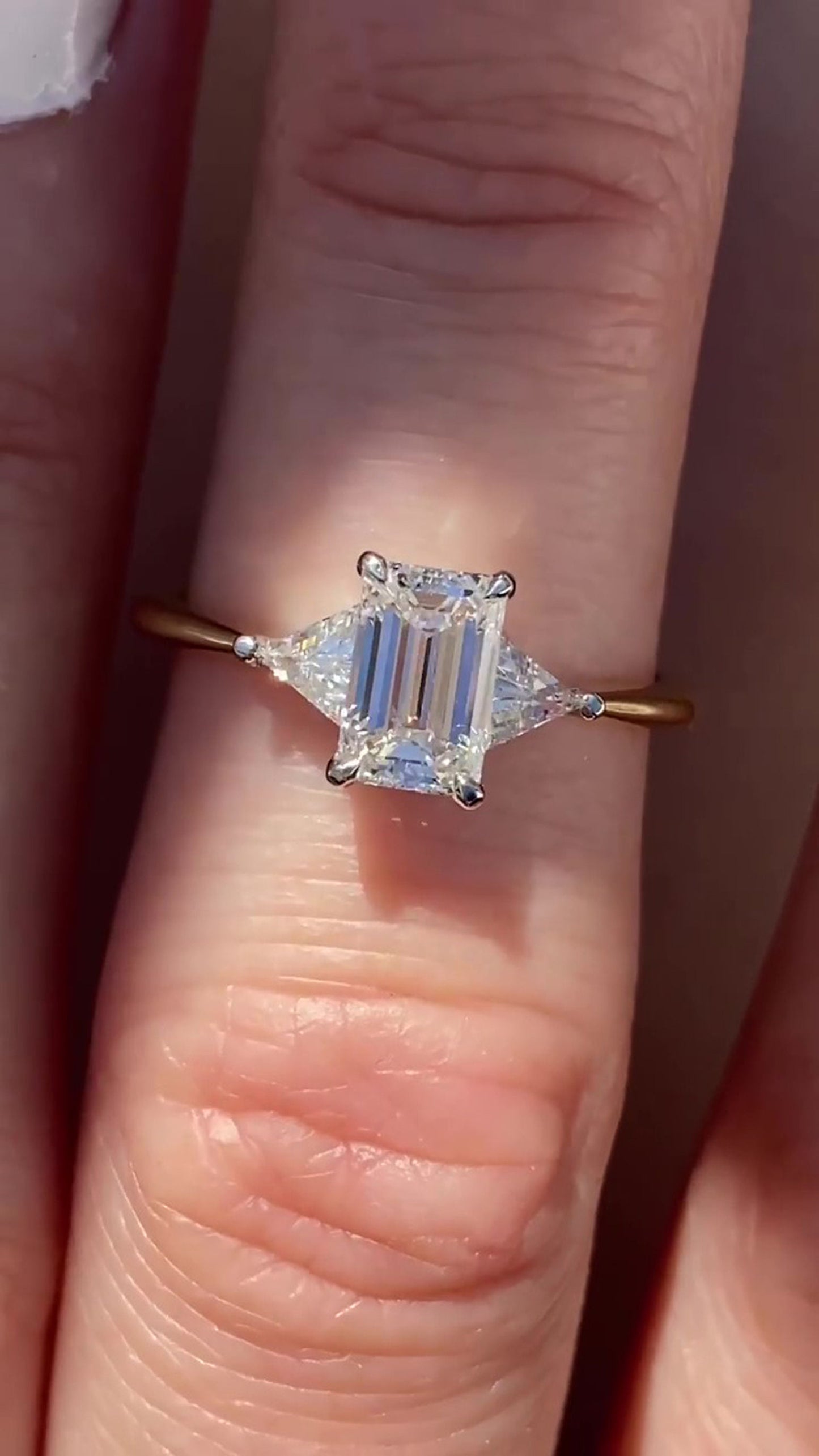 Emerald & Trilliant\Trillion 3 stone moissanite diamond Engagement\propose\Bridal Ring 18k\14k\10k White\Yellow\Rose Gold