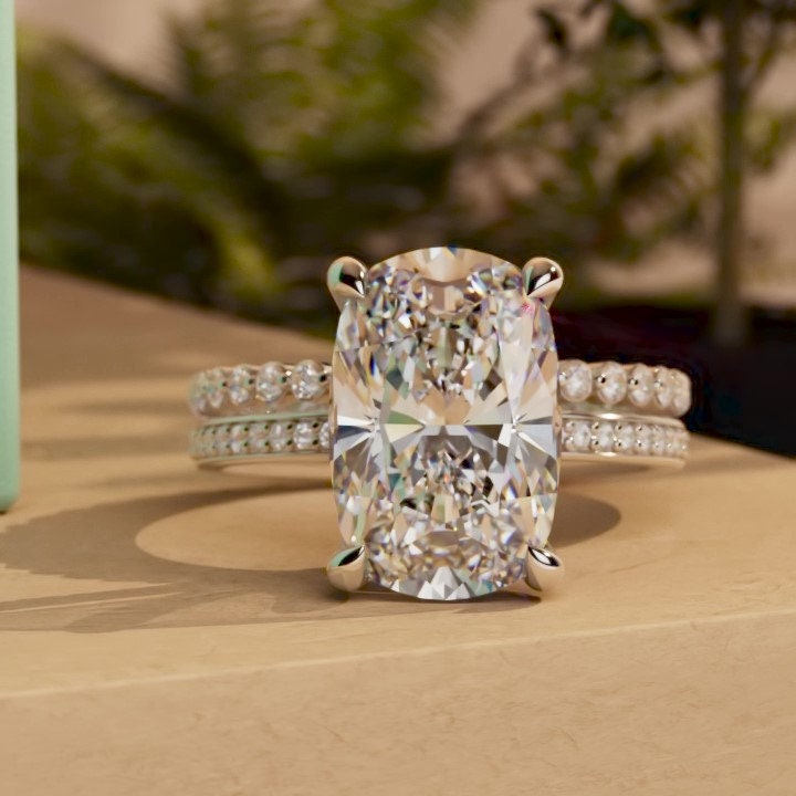 Elongated Cushion Cut Pave Basket Moissanite Engagement Ring, Wedding Bridal Set, Anniversary gift for wife, Ring for women