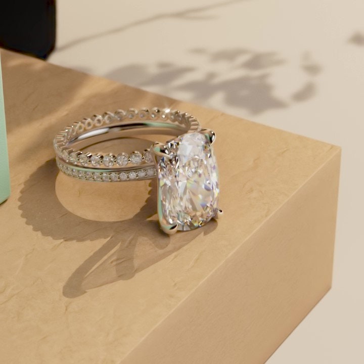 Elongated Cushion Cut Pave Basket Moissanite Engagement Ring, Wedding Bridal Set, Anniversary gift for wife, Ring for women