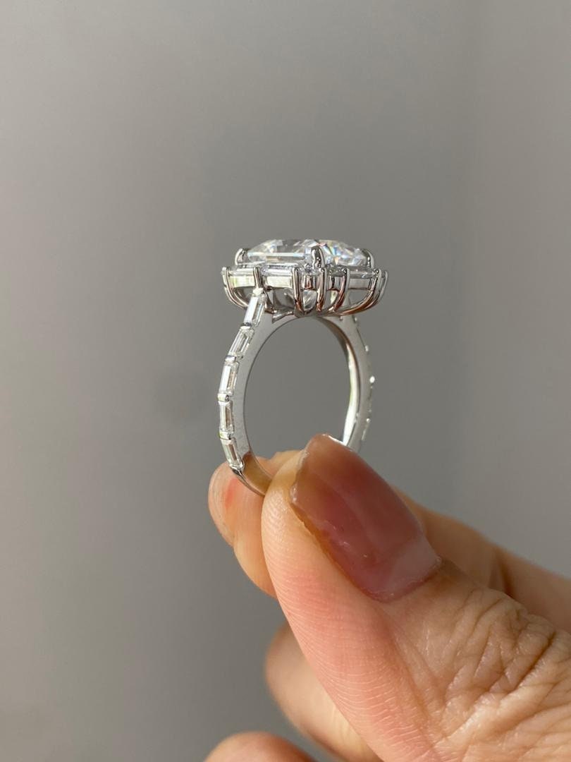 Radiant Cut Moissanite with Baguette Halo and baguette pave band Engagement Ring, ring for women, ring for her, right hand ring