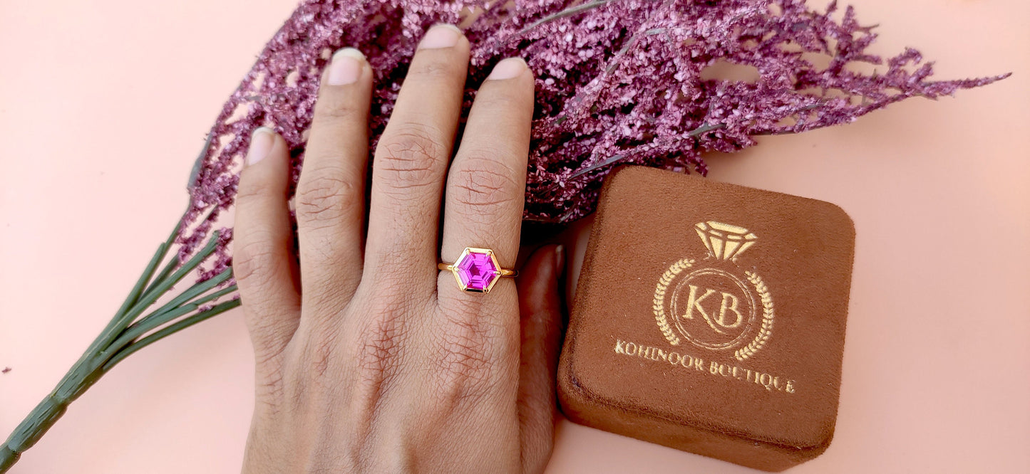 Pink Lab Sapphire Hexagon shaped Bezel set Georgian cut down set Solitaire Engagement ring Promise Ring for Modern Brides, ring for her