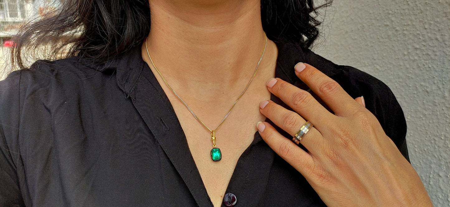 Elongated Old mine cut Cushion Cut Columbian Lab Emerald Pendant,Collet set Georgian cut down set Pendant, Wedding Pendant, Anniversary Gift