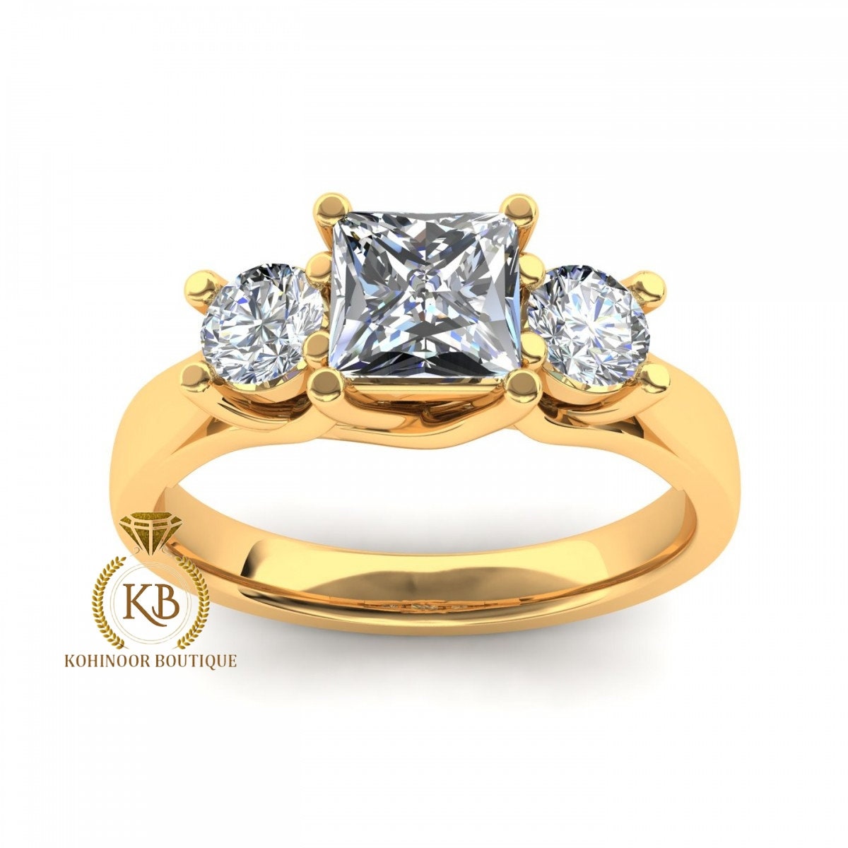 Trellis Set Princess cut and Round Moissanite Trilogy 3 stone engagement ring in 10k\14k\18k White\Rose\Yellow Gold