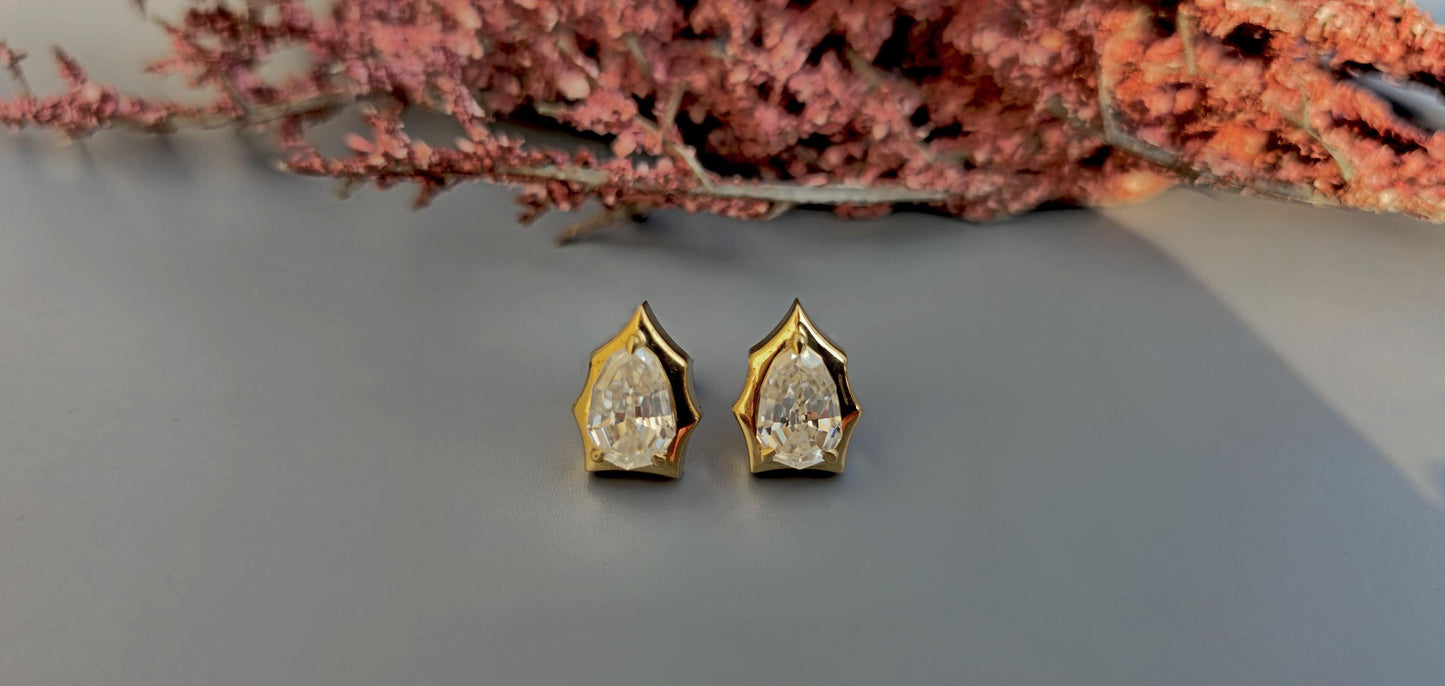 Step cut Pear Cut Moissanite in Georgian cut down setting, Solitaire Stud Earrings, Wedding Earrings, Push Back Earrings, Anniversary Studs