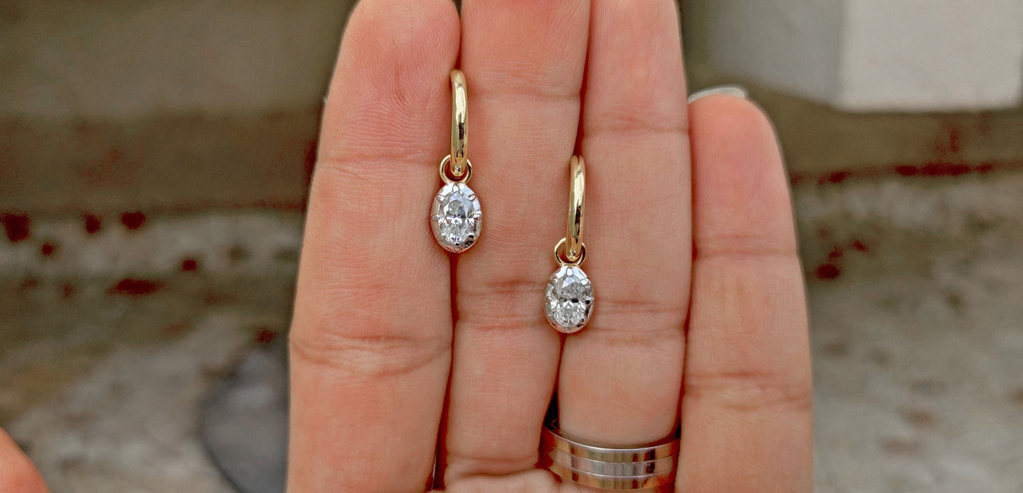 Oval Moissanite button back Georgian cut down Gypset huggie, removable hoops, statement earring, blackened gold earrings.