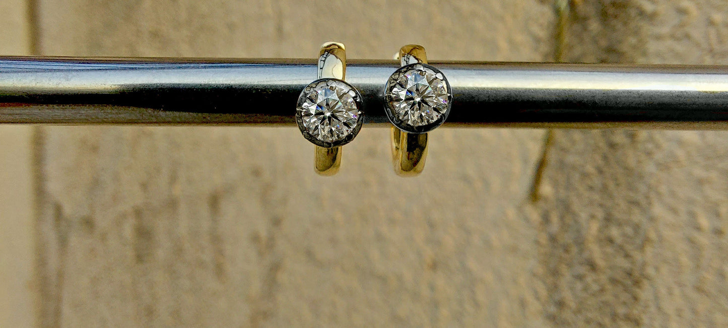 Ready to ship Georgian Victorian Style lab grown diamond Hoops, Georgian cut down Button back blackened gold huggie, Wedding Earring.
