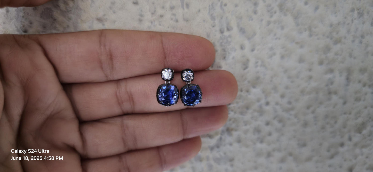 Georgian cut down button back set cushion moissanite and lab grown sapphire earrings, Earrings for women