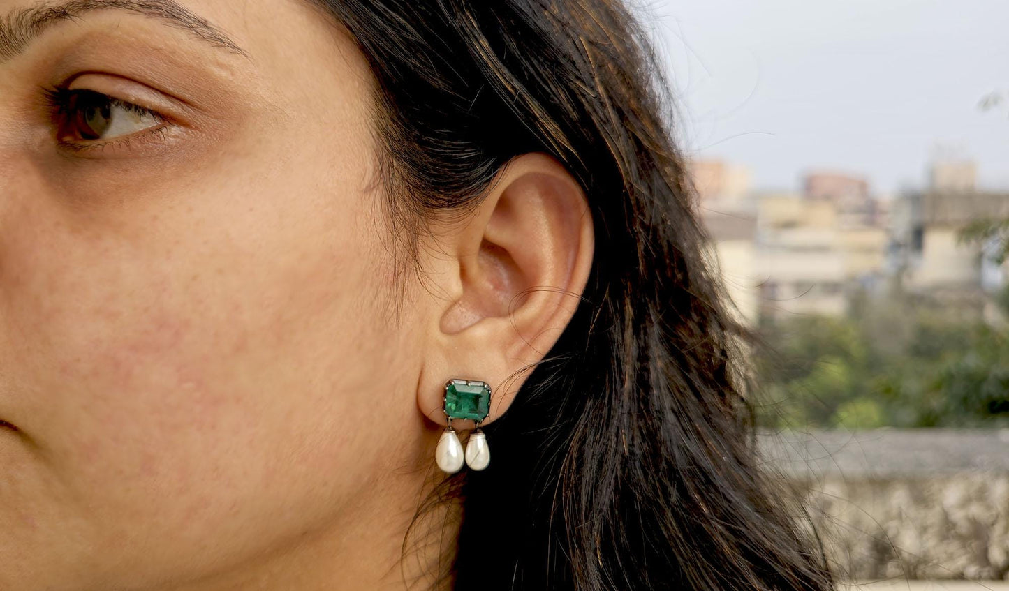 Lab grown Emerald with inclusion Georgian cut down Emerald studs with dangling pearl, statement earring, blackened gold earrings.