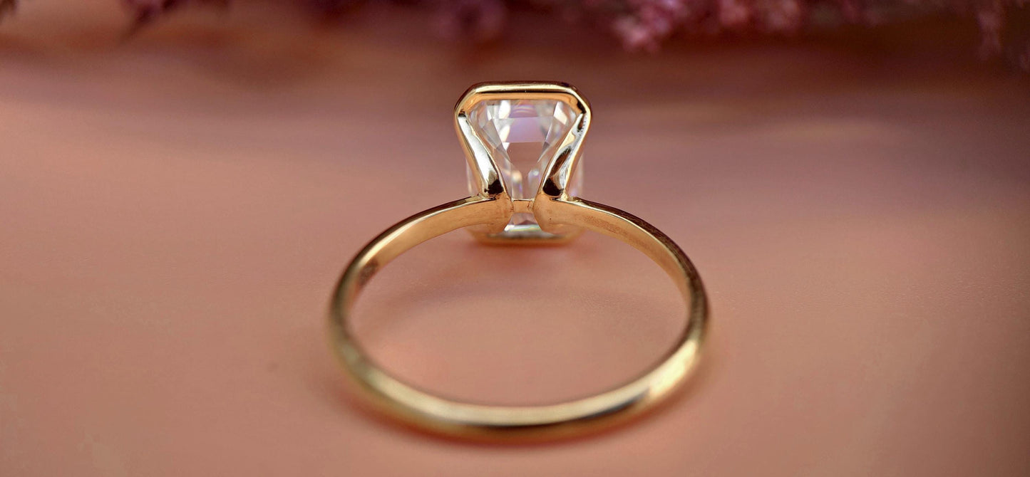 Half Bezel Set Emerald Moissanite Solitaire ring with Knife edge band, Engagement ring for her, ring for women.