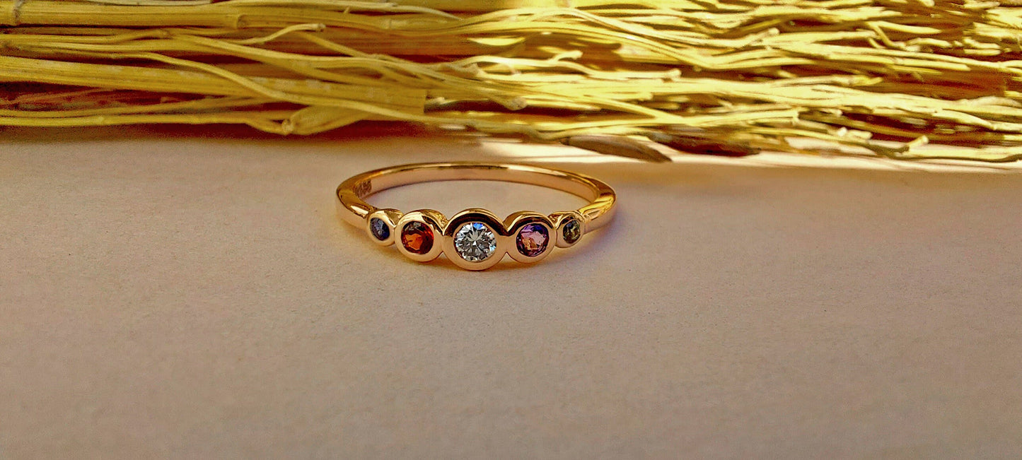 Five gemstone band with center moissanite stone, Promise or Wedding ring alternative, 5 stone Anniversary Band, Minimalist Stackable band