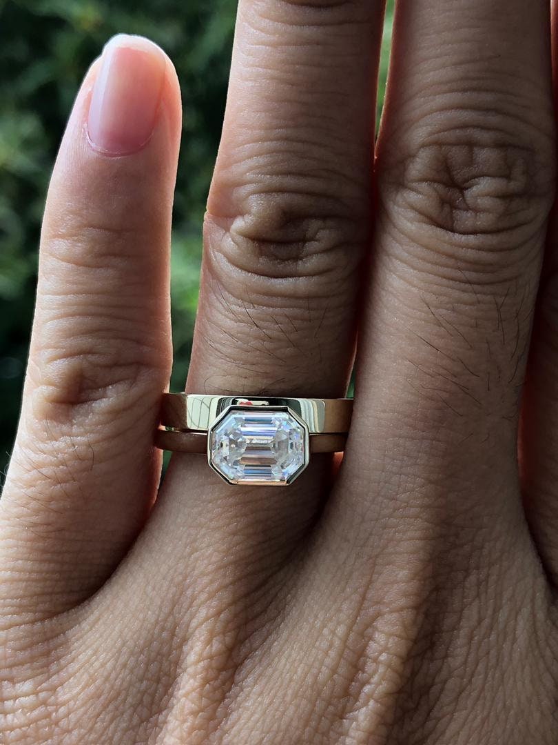 Emerald Cut Moissanite Bezel Engagement solitaire ring without band, right hand ring, statement moissanite ring, ring for women