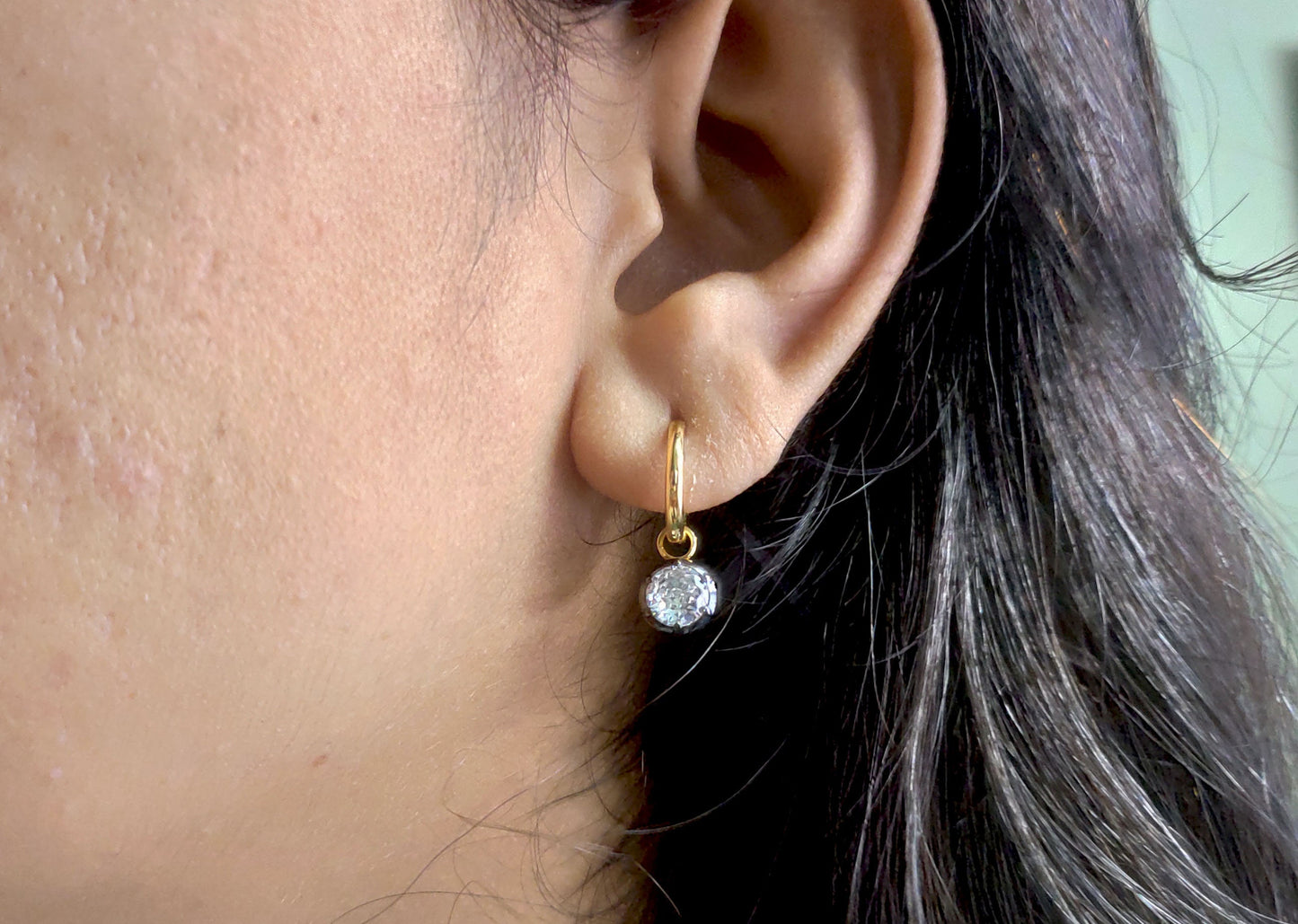 Round CZ Cubic Zirconia button back Georgian cut down Gypset huggie, removable hoops, statement earring, blackened gold earrings.