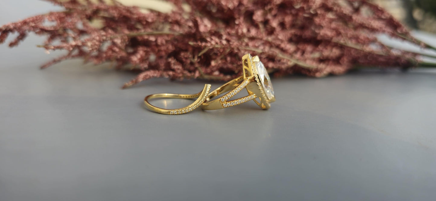 Marquise Cut Halo Moissanite Engagement Ring, Wedding Bridal Set, Anniversary gift for wife, Ring for women