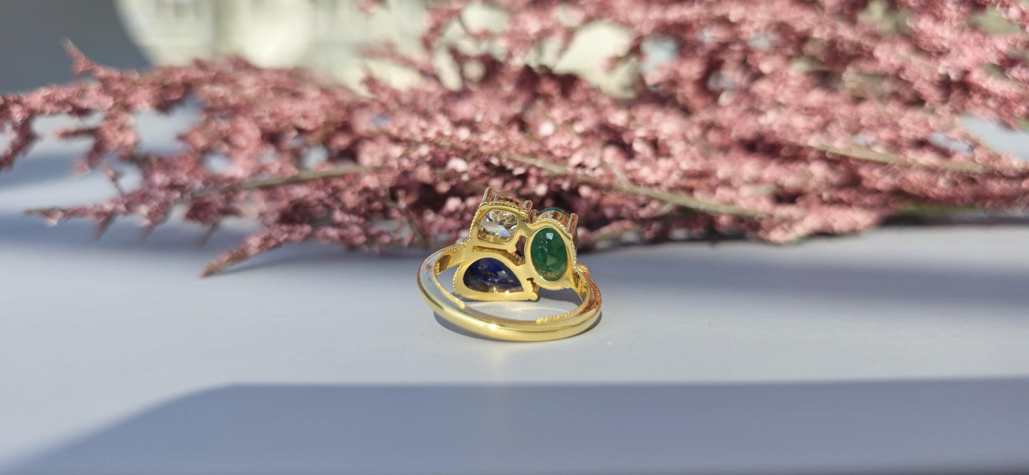 Natural Emerald Oval, Natural Sapphire Pear and Lab grown Cushion Diamond Trilogy 3 stone Engagement Ring, Ring for her, Gift for Her