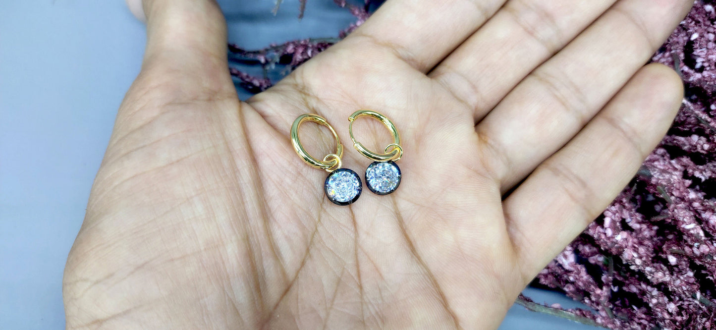 Round CZ Cubic Zirconia button back Georgian cut down Gypset huggie, removable hoops, statement earring, blackened gold earrings.