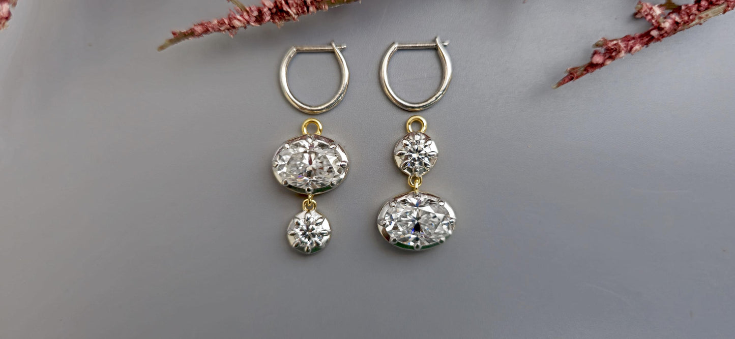 Georgian cut down multi shape moissanite earrings, statement earring, 2 toned earrings, dangled earrings for women