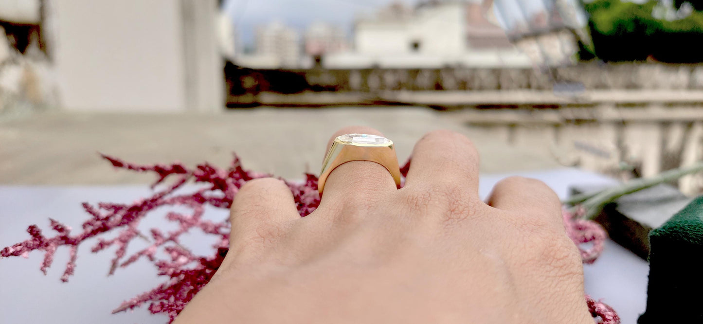 Elongated Step cut Moval Cut Moissanite Signet style ring, engagement ring ,Ring for women, ring for her, pinky finger right hand ring.