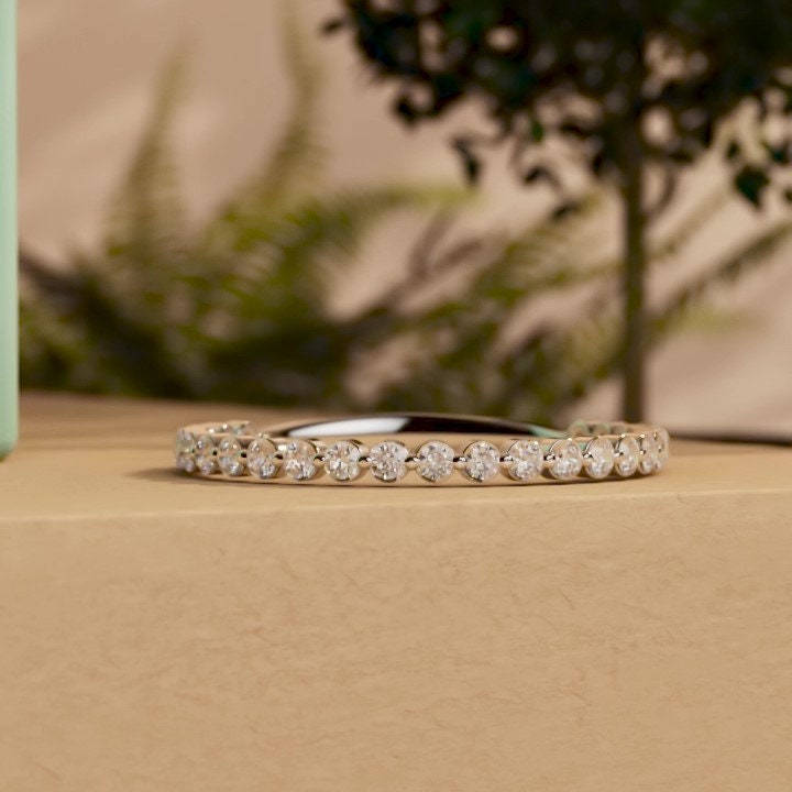 Floating Moissanite wedding band, Half\Full eternity Distance wedding ring, Bubble stackable minimalist dainty ring, Wedding band