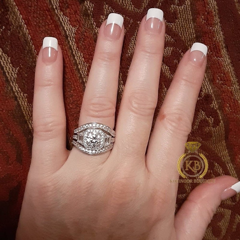 Round & Trapezoid  Halo 3 stone with side pave Moissanite Engagement Ring, rings for women, statement ring.