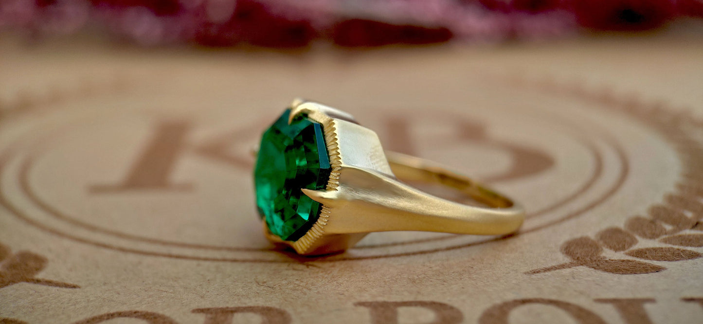 Lab Emerald Georgian cut down Compass prongs set Knife edge Signet Solitaire ring in matt\Glossy finish, Ring for her\Women