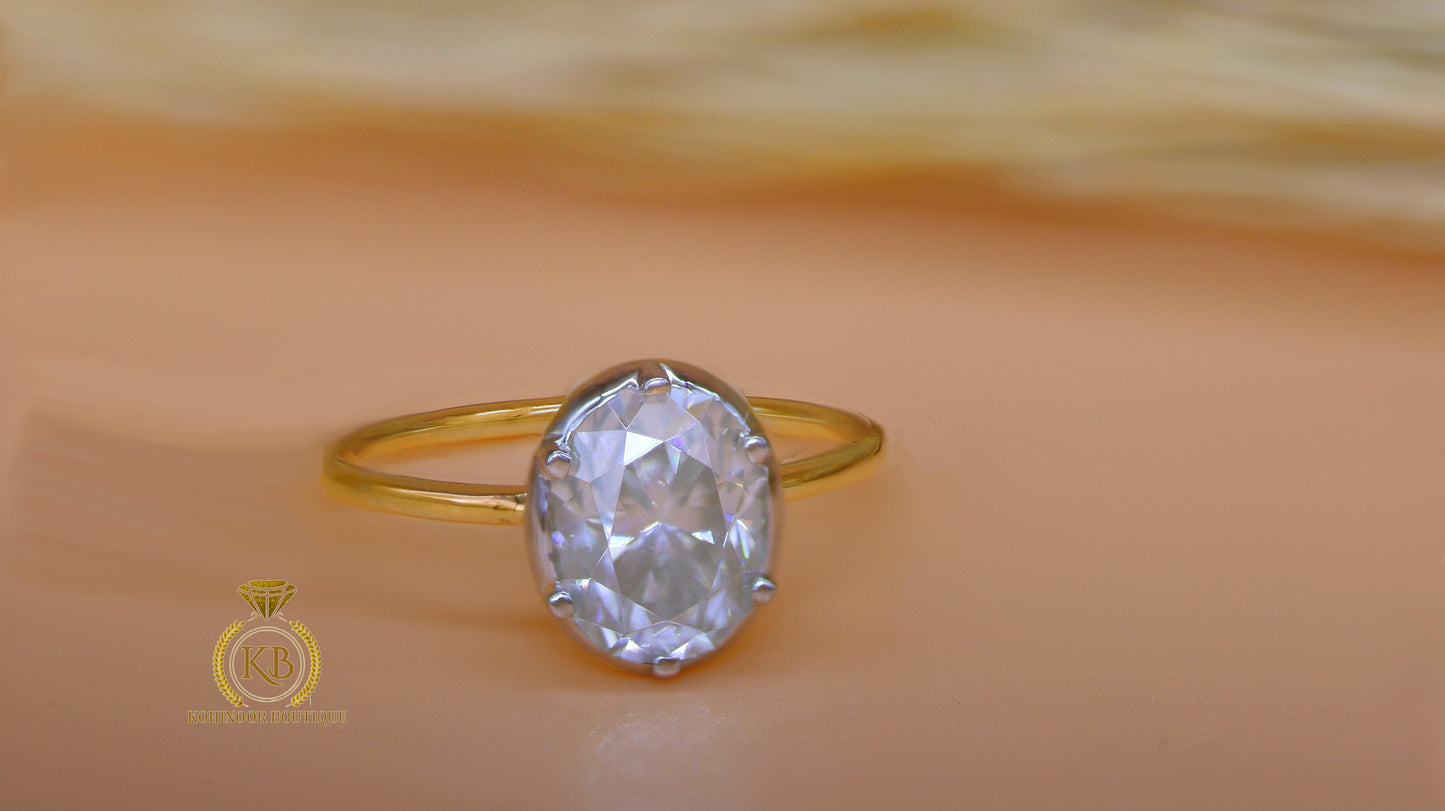 Oval Button Back Georgian Cut Down Colet Set Moissanite Solitaire Engagement ring, Ring for her, Edwardian ring, Vintage ring.